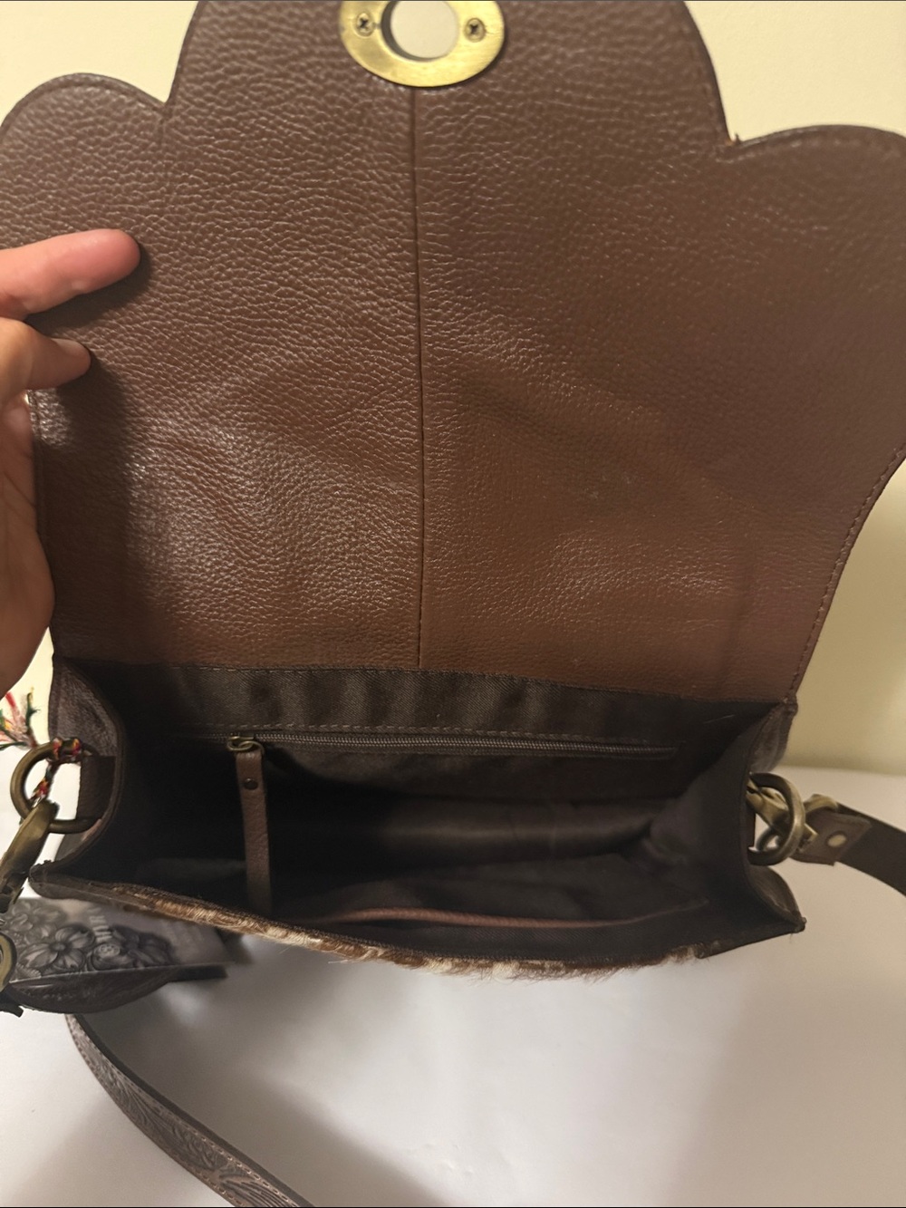 Hand-Tooled Brown Leather & Hair-on Hide Crossbody Bag, new - Picture 5 of 9